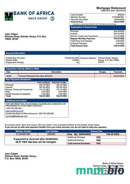 Kenia Bank of Africa Kenia wyciąg z kredytu hipotecznego szablon Word i PDF